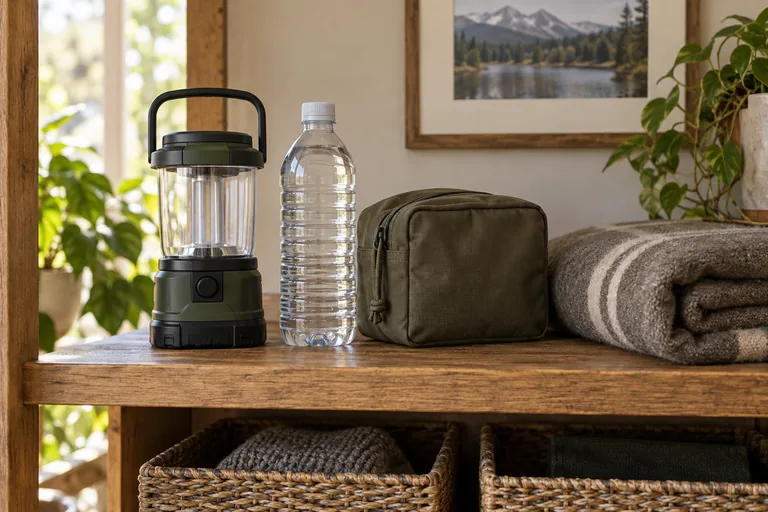 A lantern, water bottle, supply pouch and folded blanket on a shelf.